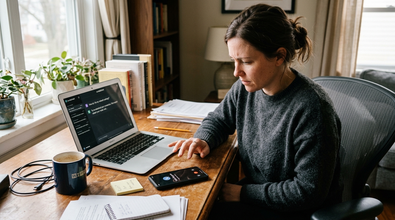 Person at a desk deciding between an AI chat window and calling a technician