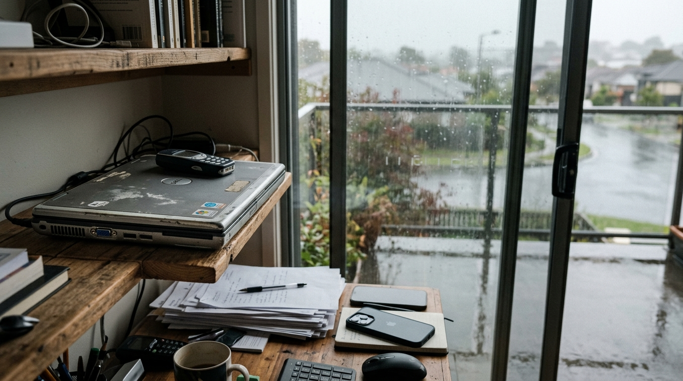 Old tech sitting on a desk by a rainy window
