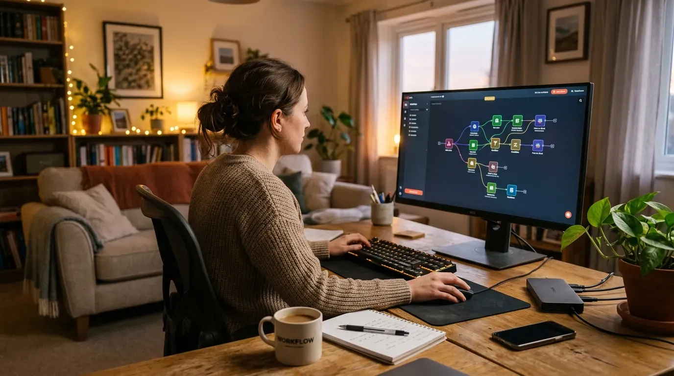Model Context Protocol Server: A woman sitting in a warm, living room office looking at a desktop monitor displaying a visual, node-based automation workflow like n8n