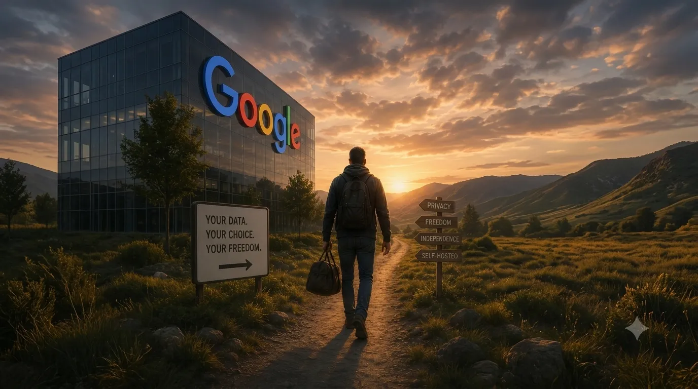 A person walking down a road away from a large Google sign, heading toward a smaller sign marked with a lock icon