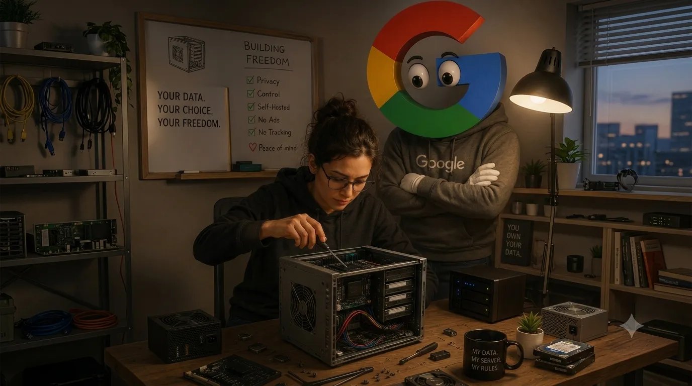 A woman building a home server while Google watches over her.