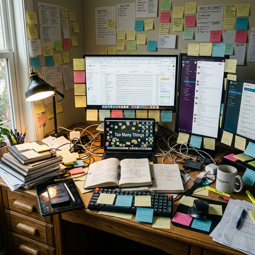 A cluttered desk with papers stacked up and sticky notes on everything.