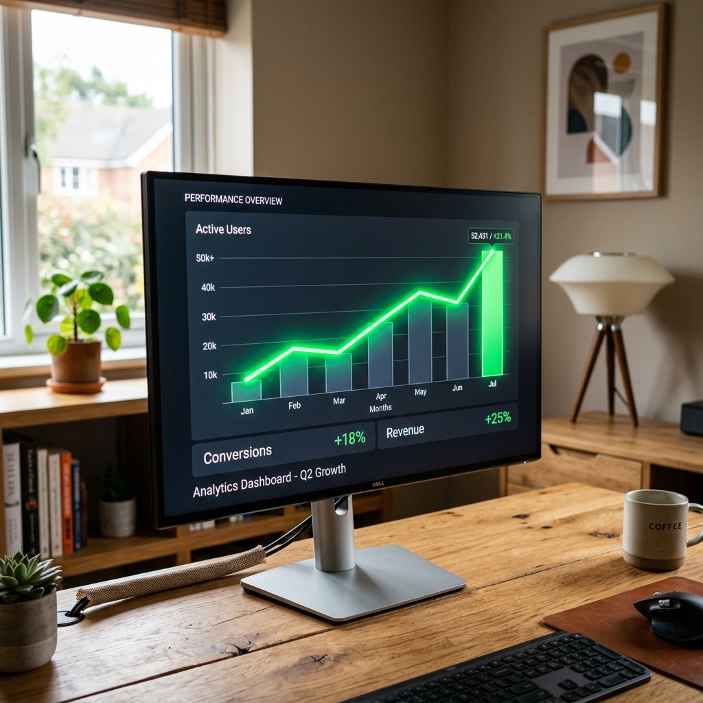 Analytics graph trending upward on a monitor in a modern home office