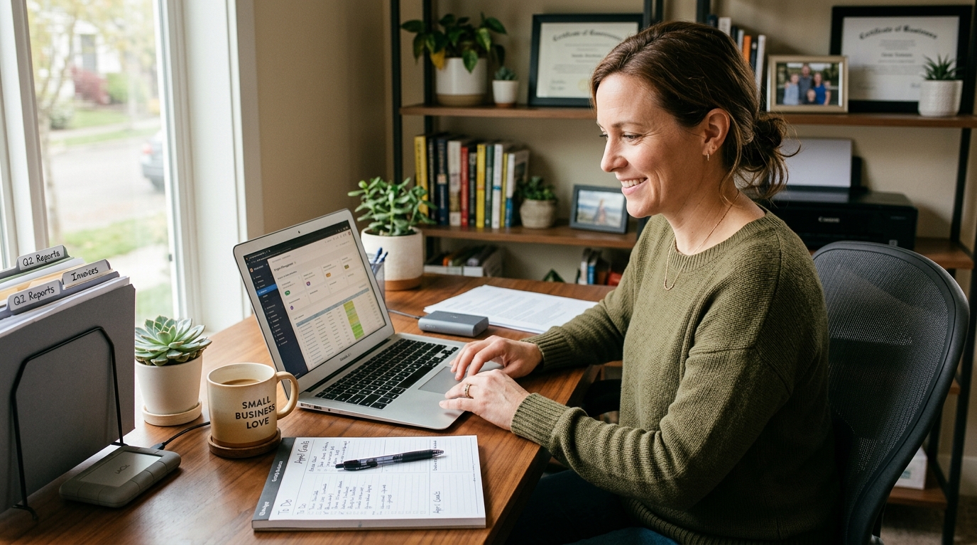 A relieved and organized small business owner working efficiently on a laptop at a modern desk with natural lighting.